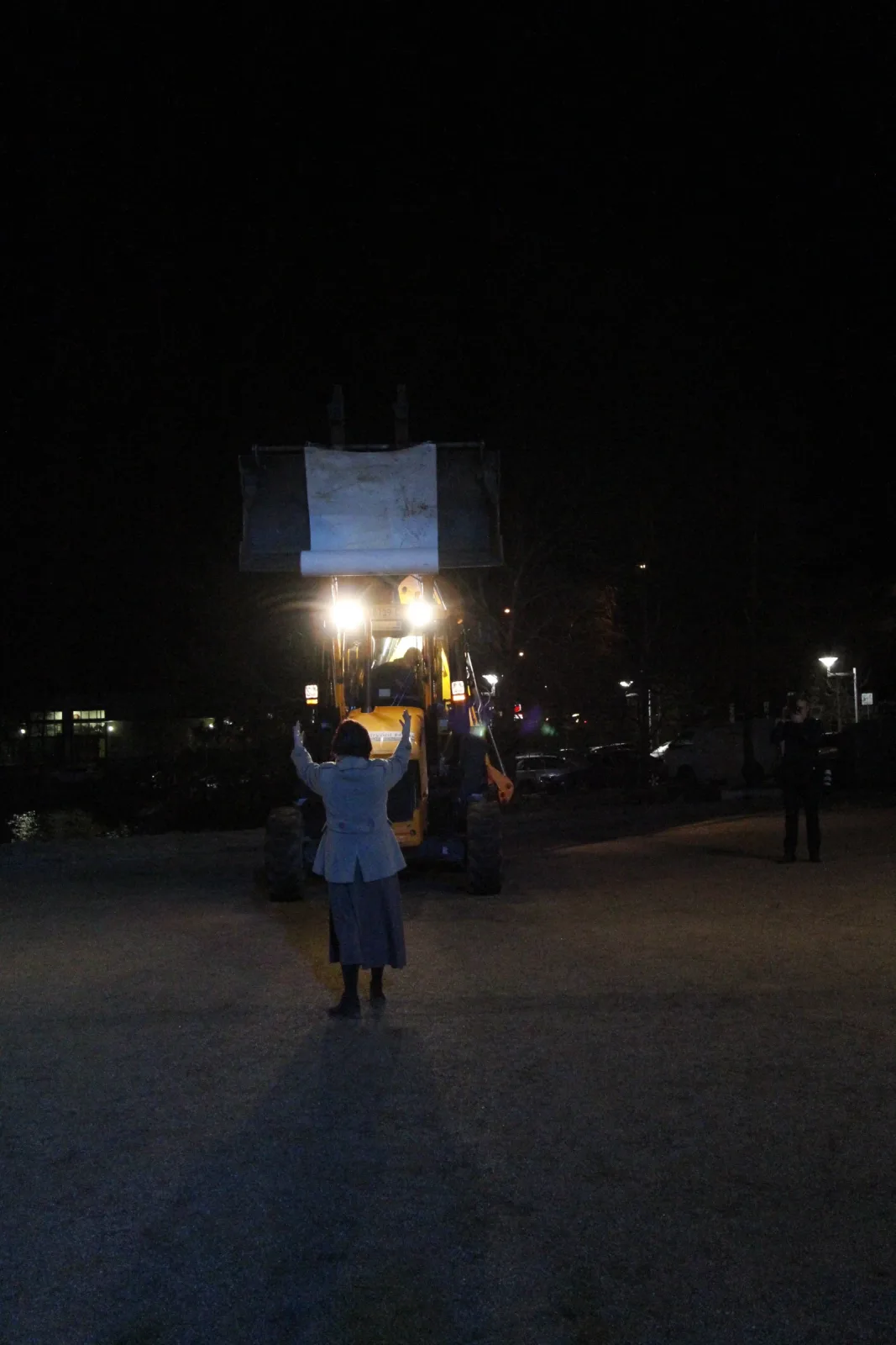 Paper scroll delivered and unravelled from a front end loader at opening night, Belconnen Arts Centre, Canberra.
